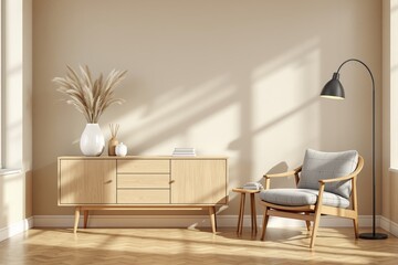 Minimalist wooden interior with armchair, sideboard, pampas vase, and lamp in soft sunlight, on warm wood floor in bright room. Ai generative