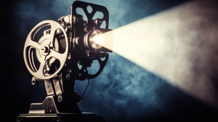 Obraz premium 75.A close-up of an old-school film projector, with a beam of light cutting through the dark, casting shadows on the surrounding space, creating a high-contrast effect perfect for film-related