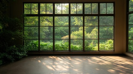 Bright Indoor Shot of Large Window with Dark Wooden Frame Overlooking Lush Green Forest Sunlight and Shadow Play on Speckled Floor Creates Tranquil Nature Scene