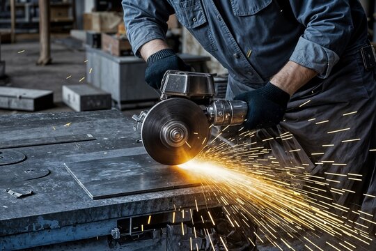 worker welding steel worker sawing sheet metal with a chain saw concept trabajador serrando chapa con una motosierra concepto