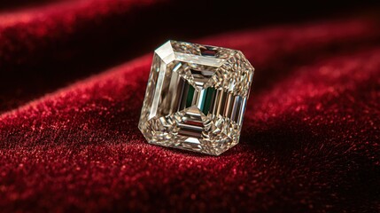 Gleaming radiant emerald-cut diamond on deep red velvet, soft lighting