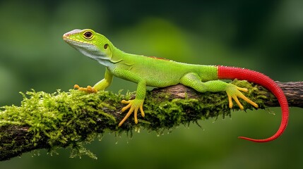 Fototapeta premium Bright Green Lizard with Red Tail Perched on a Branch in Nature