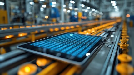 Smart Factory: Tablet Displaying Data on a Conveyor Belt in a Modern Industrial Setting