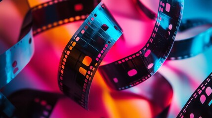 29.A lively and colorful background with overlapping sections of real movie tape, creating an energetic and cinematic vibe, perfect for movie promotions, film festival advertisements, or creative