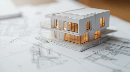 A modern house model sits atop architectural blueprints.