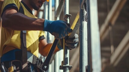 A Hispanic construction worker tightening bolts at a construction site. Featuring precision and craftsmanship