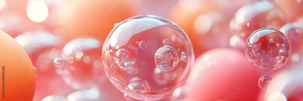 Poster floating spheres and bubbles with soft pink background for science concepts