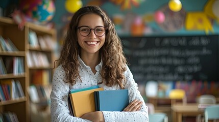 A smiling student teacher holds books in a classroom setting.