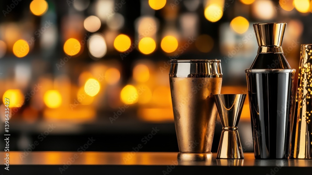 Aufkleber elegant cocktail shakers in a bar setting with warm bokeh light creating a festive atmosphere