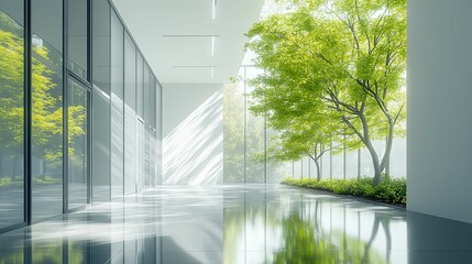 A modern, minimalist interior space with lush greenery, bathed in natural light.