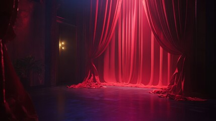 20.A rich red theater curtain gently drawn to the side, revealing a stage backdrop with soft lighting, creating an elegant and dramatic atmosphere, ideal for event promotions or theater-related