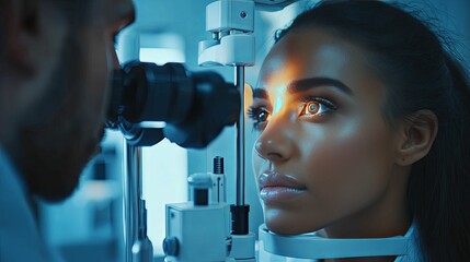 Ophthalmologist examining a patient's eyes with a specialized machine.