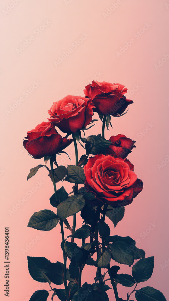Poster a close up of a bouquet of red roses. the roses are arranged in a way that they are all facing the s