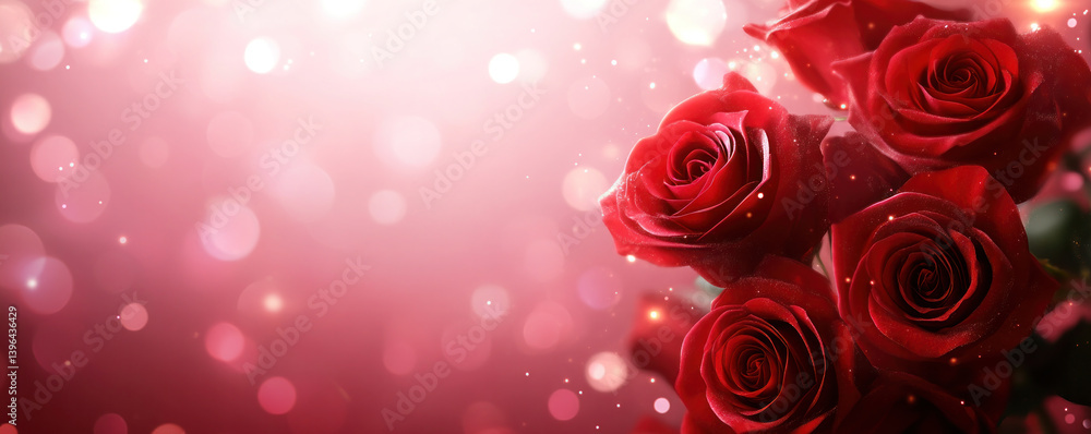 Poster a bouquet of red roses is displayed on a pink background. the roses are arranged in a way that they 