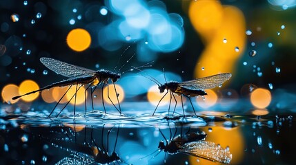 Two insect creatures standing in the rainy water against background lights
