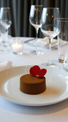 Fototapeta premium A dessert with a red flower on top of it is served on a white plate. The dessert is placed on a table with a wine glass and a fork. The table setting is elegant and sophisticated