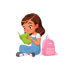 Cute little girl in school uniform reading book sitting on the floor. Cartoon vector illustration.