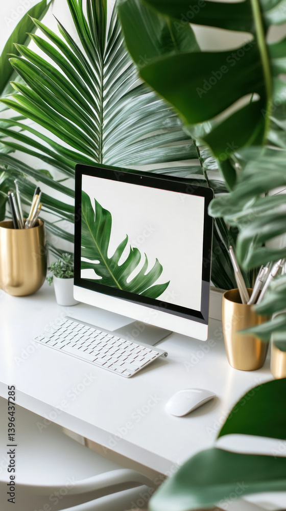 Poster a computer monitor is on a desk with a leafy green background. the computer is turned on and the mon