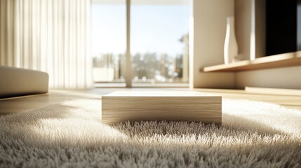 Elevated interior mood with thick white rug and soft shadows cast by light wooden box