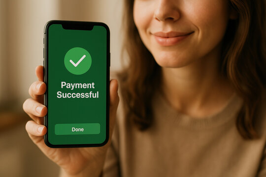 Woman celebrates successful mobile payment confirmation