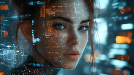 AI Woman Portrait with Digital Interface Overlay