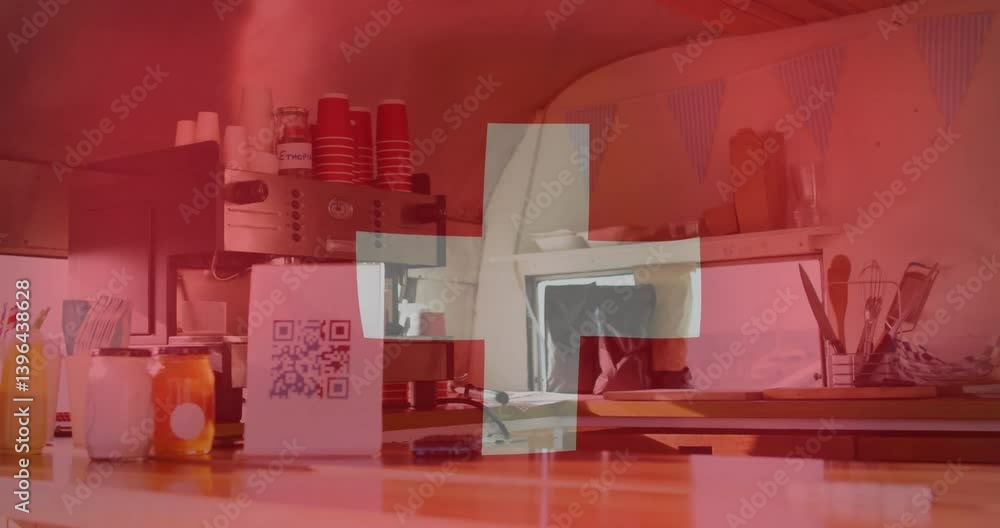 Poster coffee shop counter with qr code and red overlay animation