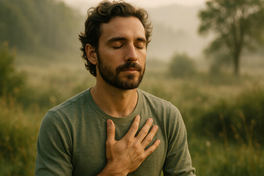 Peaceful man practicing mindfulness meditation outdoors in nature