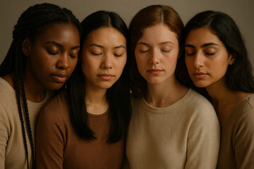 Obraz premium Diverse women embrace unity with closed eyes in serene togetherness