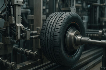 Obraz premium Automated tire production in manufacturing plant highlighting industrial machinery