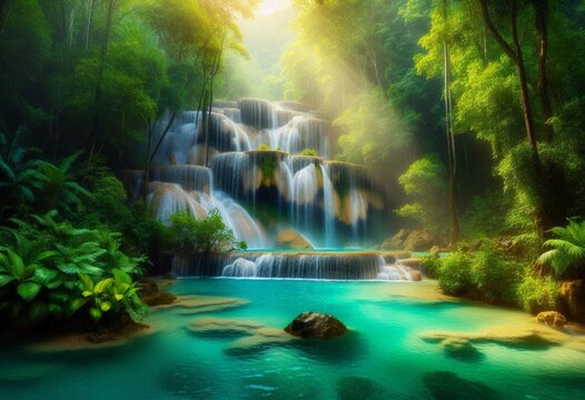 A tropical waterfall cascading into a turquoise pool, lush green jungle surroundings, soft mist, vibrant colors