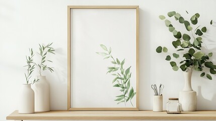 A framed botanical print featuring delicate green leaves, complemented by minimalist vases.