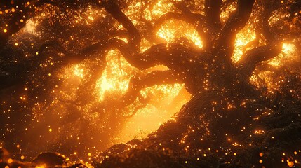 Luminous golden tree with magical light illuminating a forest scene