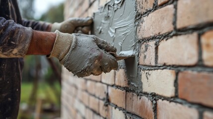 A mason applying mortar between bricks for a wall. Featuring skill and attention to detail