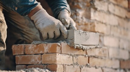 A mason applying mortar to a brick wall. Featuring craftsmanship and detail