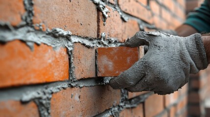 A mason applying mortar to a brick wall. Featuring technique and precision