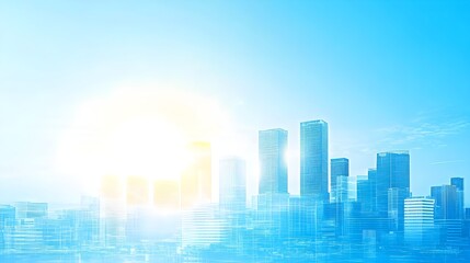 Fototapeta premium Bright Sunrise Over City Skyline with Tall Buildings in Blue Sky