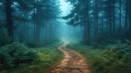 A winding path through a misty and enchanting forest landscape