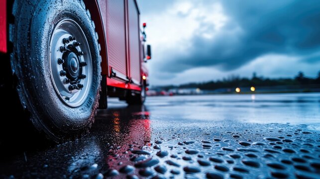 Heavy-duty fire engine wheel with raindrops collecting on rubber tread and polished hub