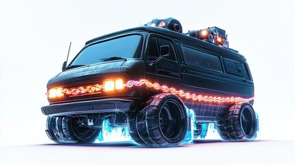 Futuristic van with glowing details.
