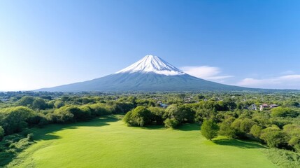 Naklejka premium Majestic volcano, lush green landscape, serene vista