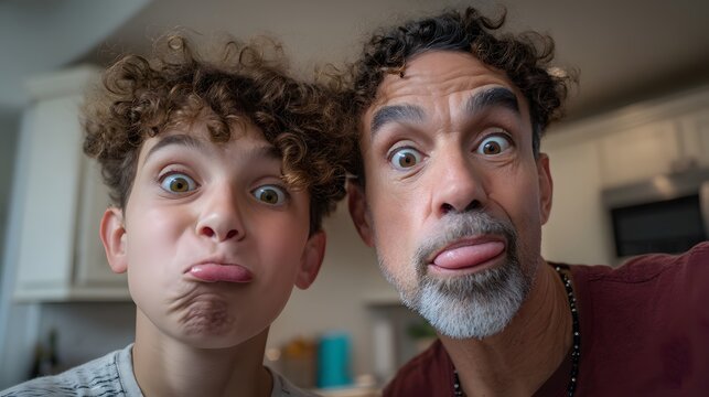 Silly Selfie: Father and son make funny faces at the camera.  A lighthearted moment of family fun. They have their tongues out and making faces.