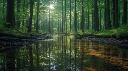 A beautiful forest scene showing water reflecting the trees