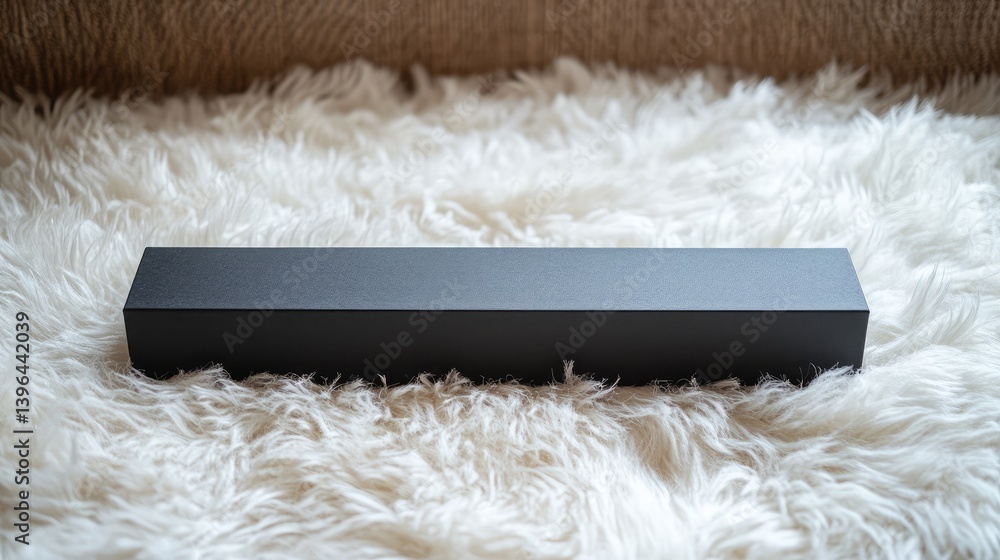 Poster long sleek box resting on fluffy white carpet creates an inviting setting full of light and softness