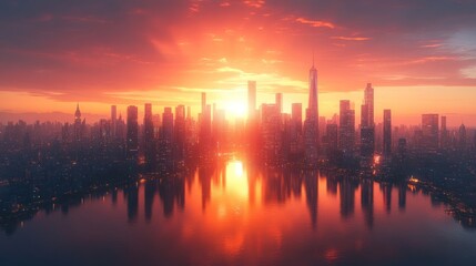 Cityscape Sunrise: A Breathtaking Aerial View of a Modern Metropolis at Dawn