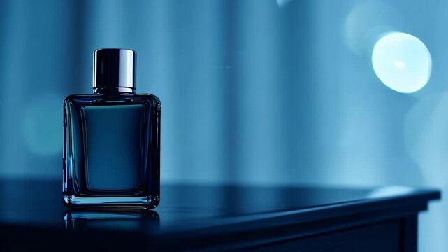 A sleek perfume bottle set against a blurred blue background, emphasizing elegance and allure.