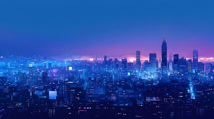 Obraz premium A vibrant, stylized cityscape at twilight, illuminated with neon hues.