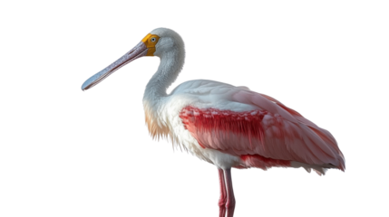 Side view of a spoonbill bird isolated on white background, elegant wading bird with long flat beak and white plumage, ideal for wildlife presentations, educational use, or nature-themed design projec