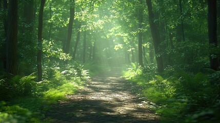 Obraz premium A sunlit forest path leading through a vibrant green woodland