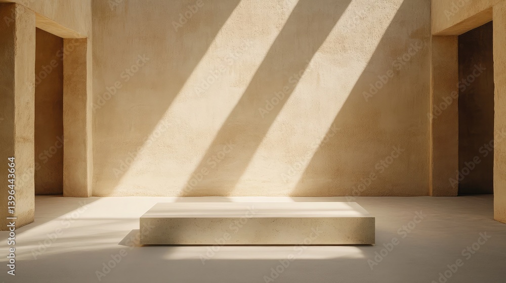 Poster peaceful setting with white carpet and low rectangular box in soft natural tones for warmth and char