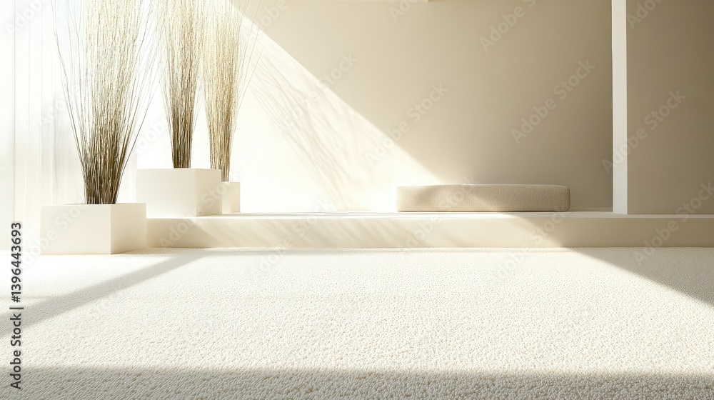 Poster peaceful setting with white carpet and low rectangular box in soft natural tones for warmth and char